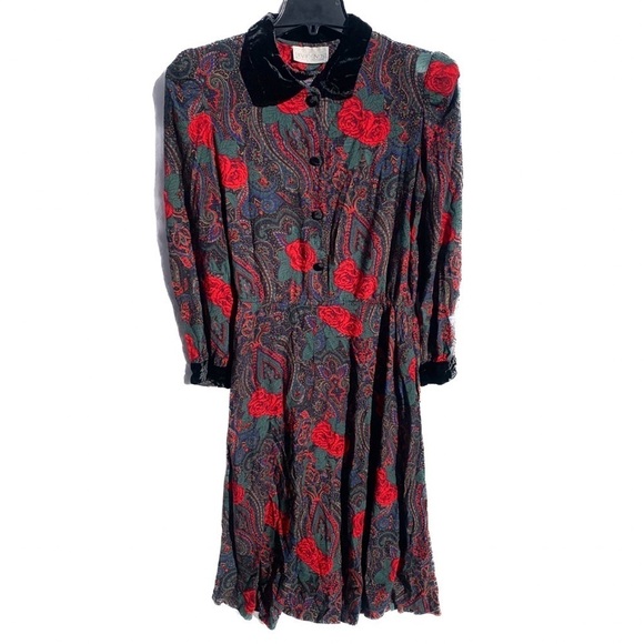 Vintage Plaid Paisley Rose Green and Red Maxi Dress with Velvet Cuffs and Collar - Picture 1 of 9